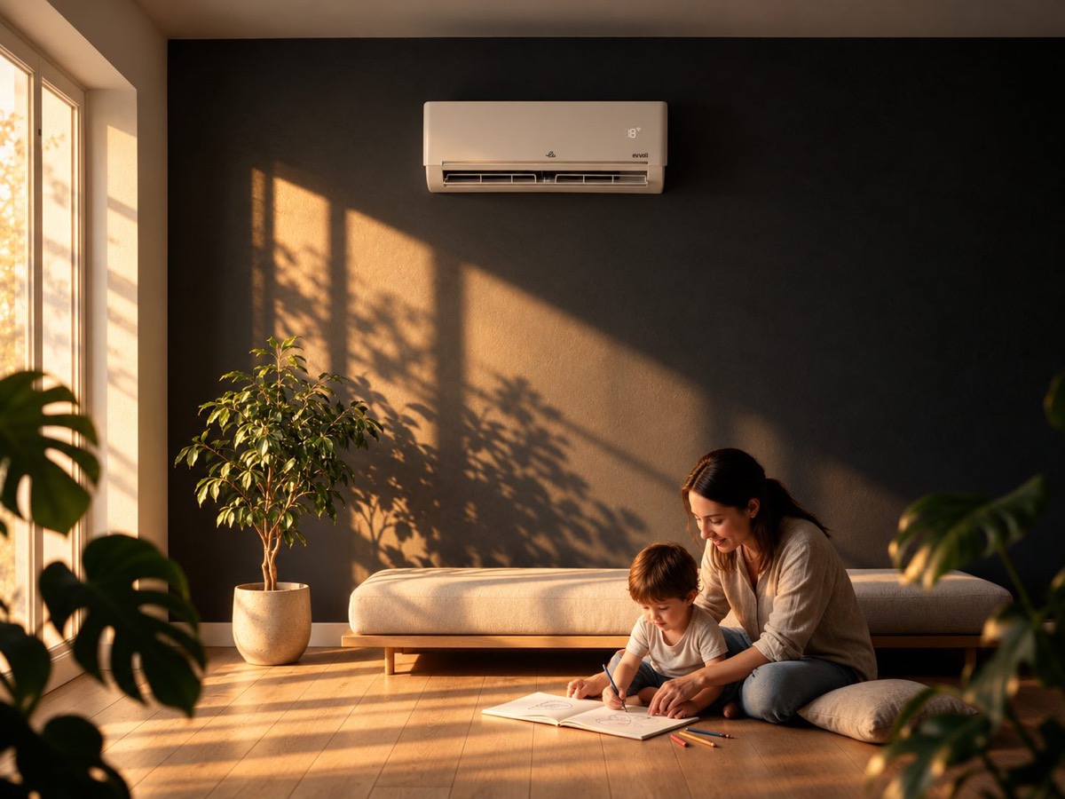 Luce dorata in soggiorno: una madre e un bambino disegnano insieme sul pavimento, sotto un climatizzatore evvoli