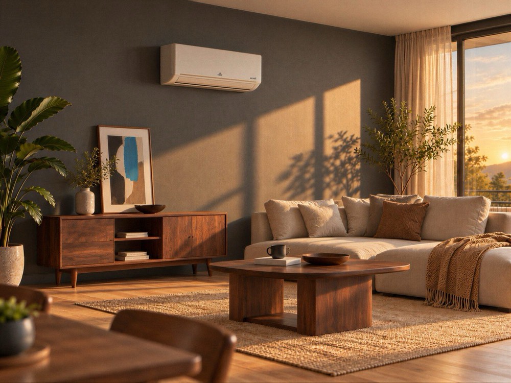 Luce dorata in un soggiorno con piante: il climatizzatore evvoli sopra la credenza