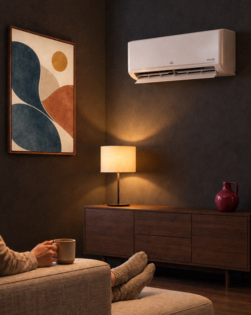 Un soggiorno illuminato da una lampada in una sera fredda: calze di lana, una tazza calda e il climatizzatore evvoli alla parete