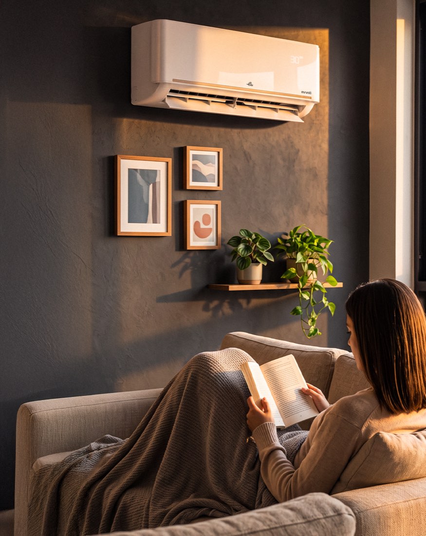 Sole del tardo pomeriggio in soggiorno: una donna legge avvolta in una coperta, sotto il climatizzatore evvoli