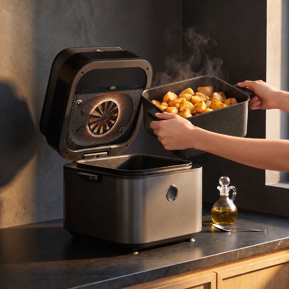Il coperchio da 8 L si solleva e il cestello esce, patate dorate con un filo d’olio