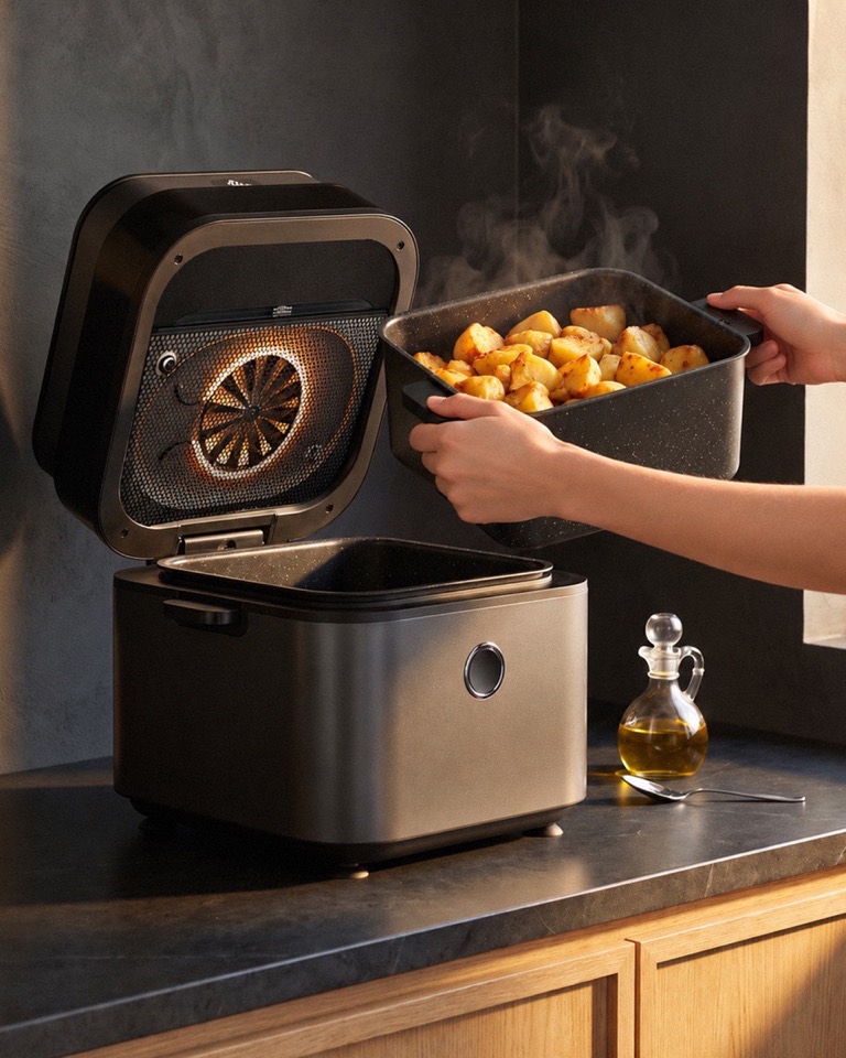 Luce dorata dalla finestra: la friggitrice ad aria evvoli da 8 L aperta, una mano solleva il cestello di patate arrosto croccanti