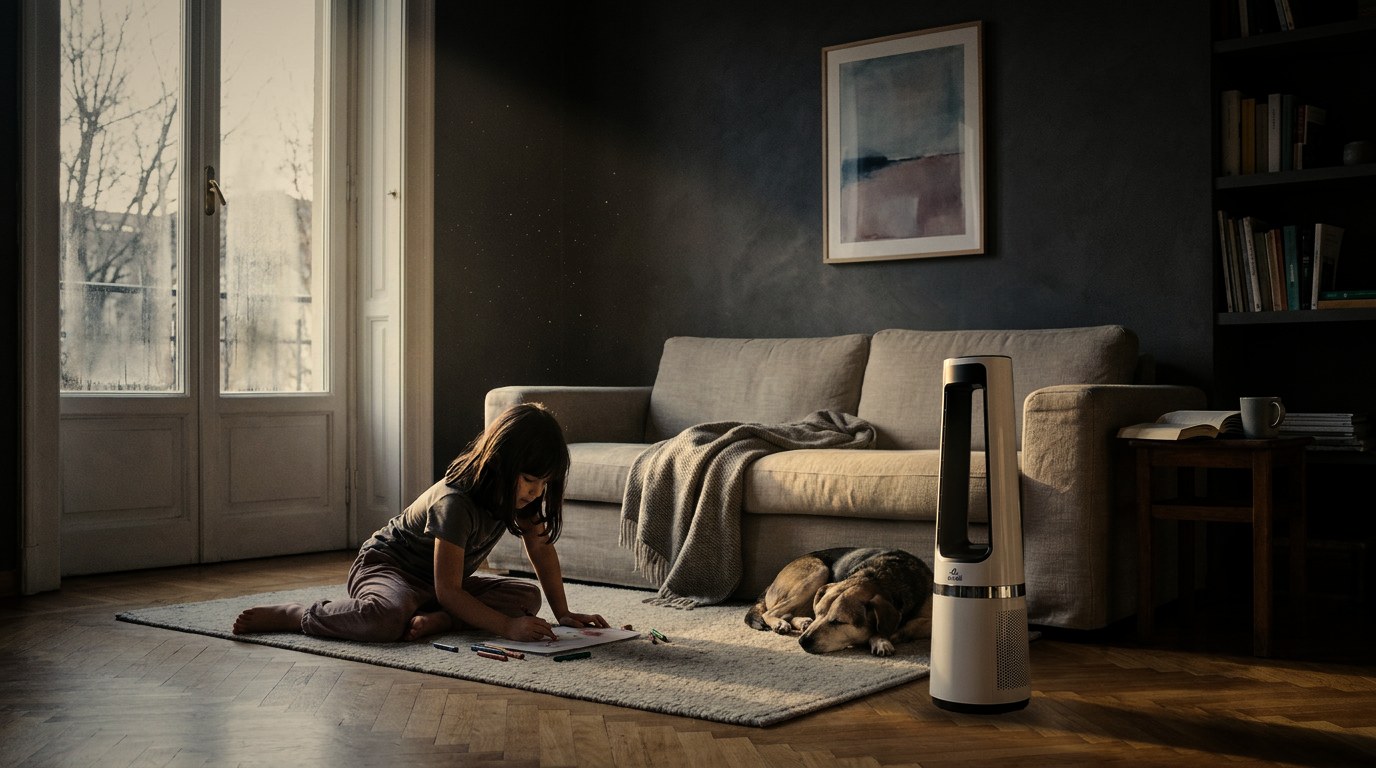 Una bambina disegna sul tappeto mentre un cane dorme accanto alla torre